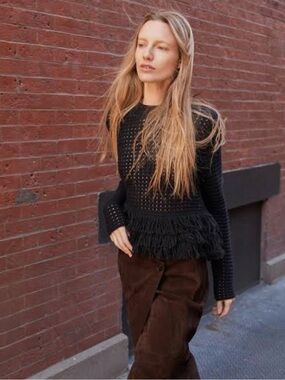Zara Navy Open Knit Fringe Sweater NWT Size Medium Fisherman Scandinavian